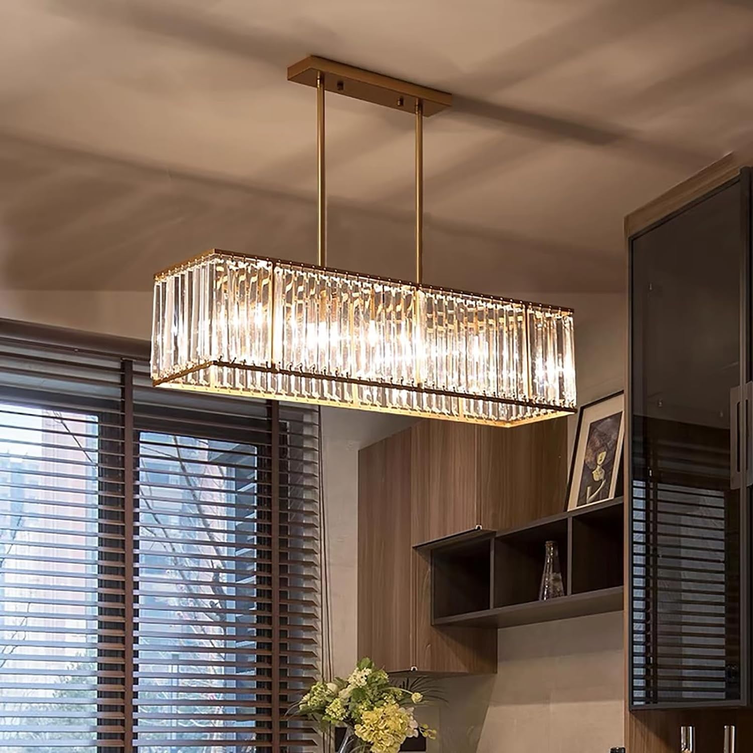 Modern Rectangular Crystal Chandelier Vintage Gold Dining Room Light