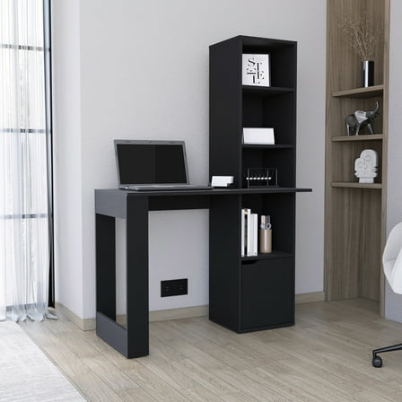 Modern Rectangular Desk With 4 Bookcase And Storage Cabinet, Black Hue 1 Computer In For Efficient Office