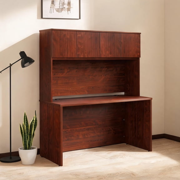 Modern Rectangular Desk with Hutch, Red-Toned Engineered Wood, 60 Wide, Built-In Cable Management