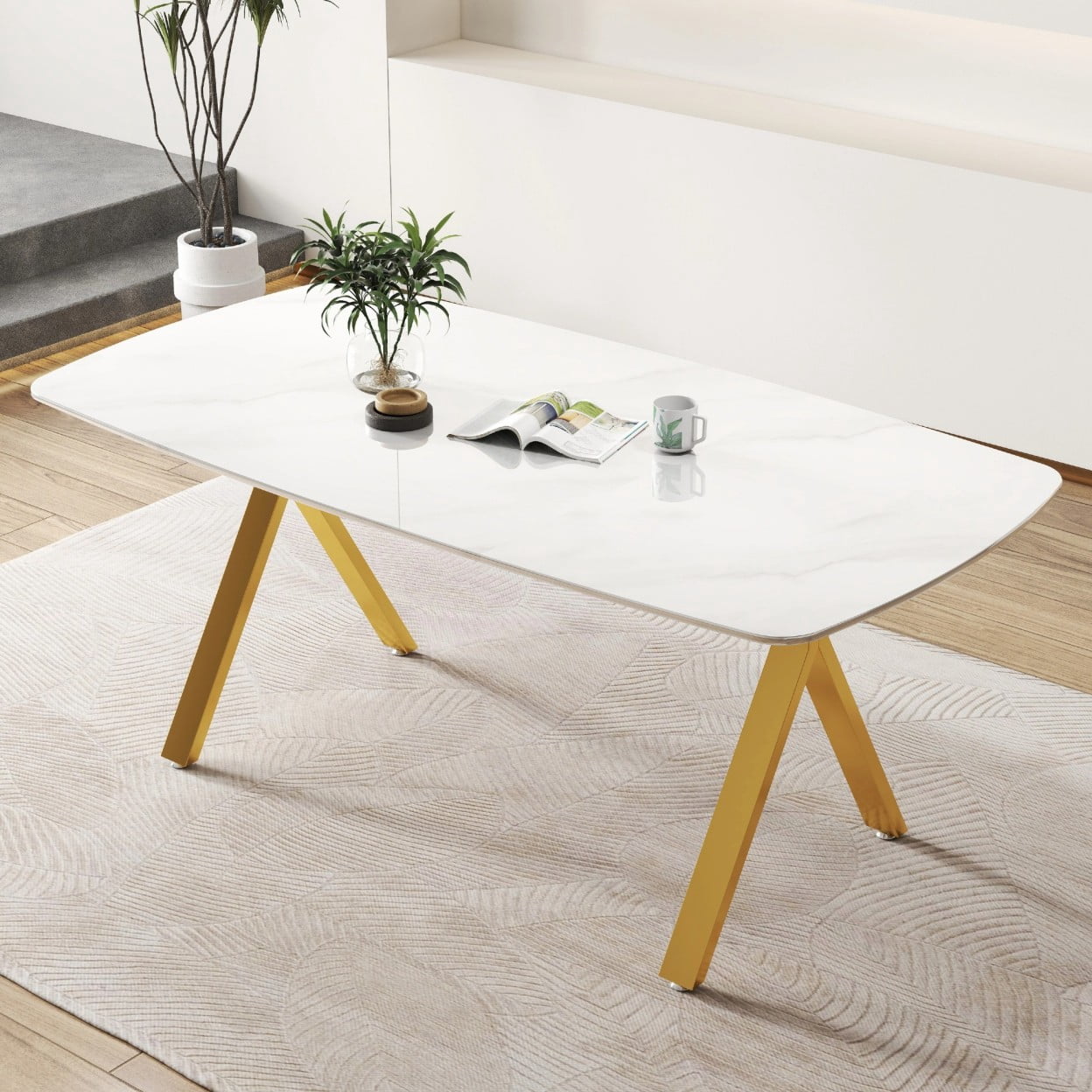 Modern Rectangular Dining Table with Faux Marble Tempered Glass Top, Gold Metal Legs, Elegant Kitchen Table for Dining Room, Restaurant, Family Meals & Gatherings, White
