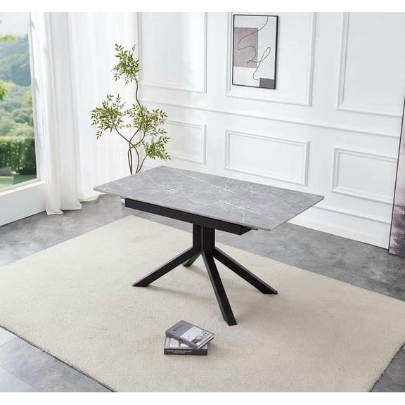 Modern Rectangular Dining Table, Light Gray Marble Painted MDF Top & Sturdy Geometric Metal Legs, for Dining Room & Office
