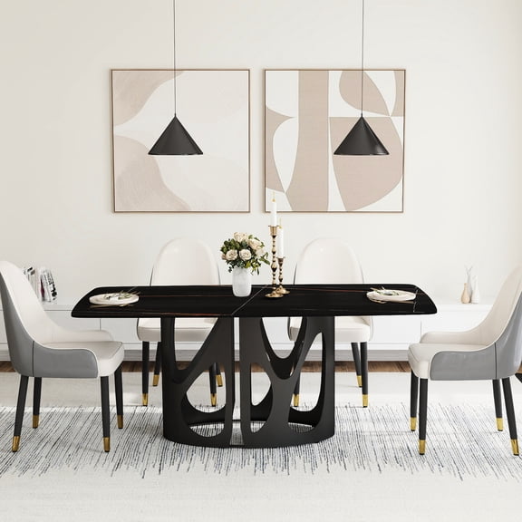 Modern Rectangular Dining Table | Used in Open - plan Kitchens | Sintered Stone Material | Stable Base with Honeycomb Grid Design