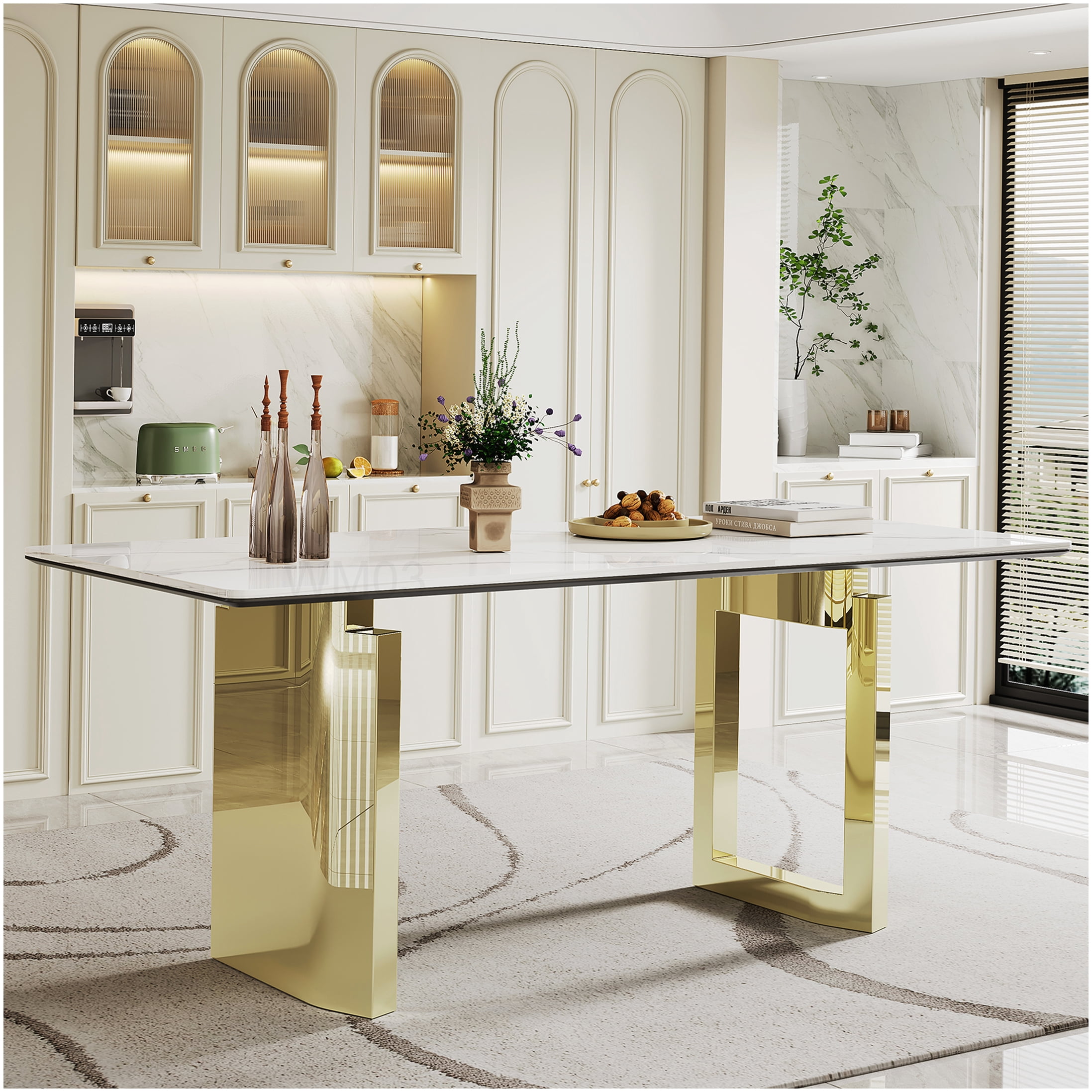 Modern Rectangular Dining Table with Gold Base and Sintered Stone ...