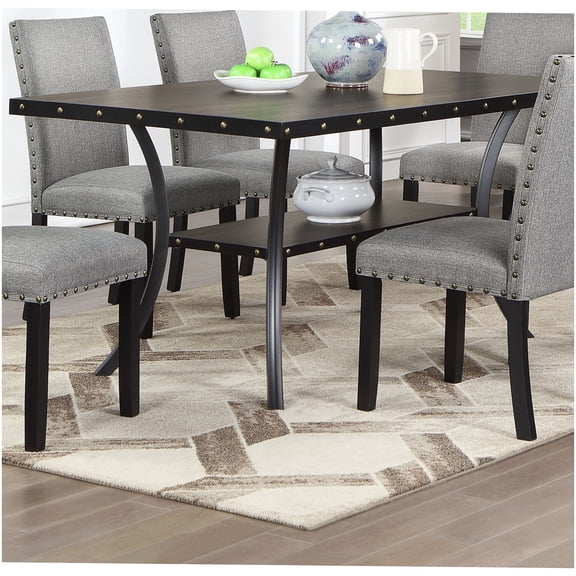 Modern Rectangular Dining Table with Nailhead Accent and Storage, Natural Rubber Wood Kitchen Table