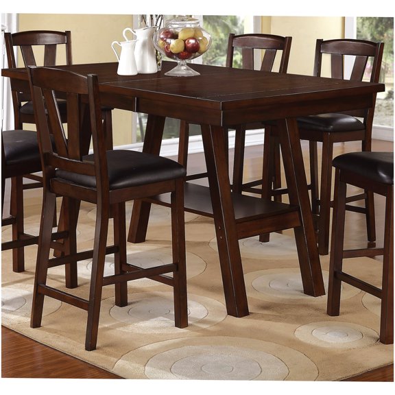 Modern Rectangular Dining Table with Shelf, Dark Walnut Counter Height Table in Rubber Wood for Dining Room