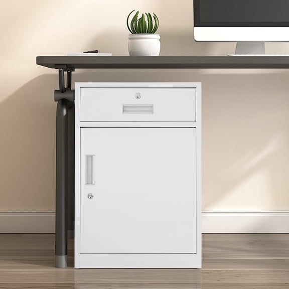 Modern Rectangular Freestanding White Storage Cabinet w/ Lock Under Desk Office Cabinet Vertical File Cabinet