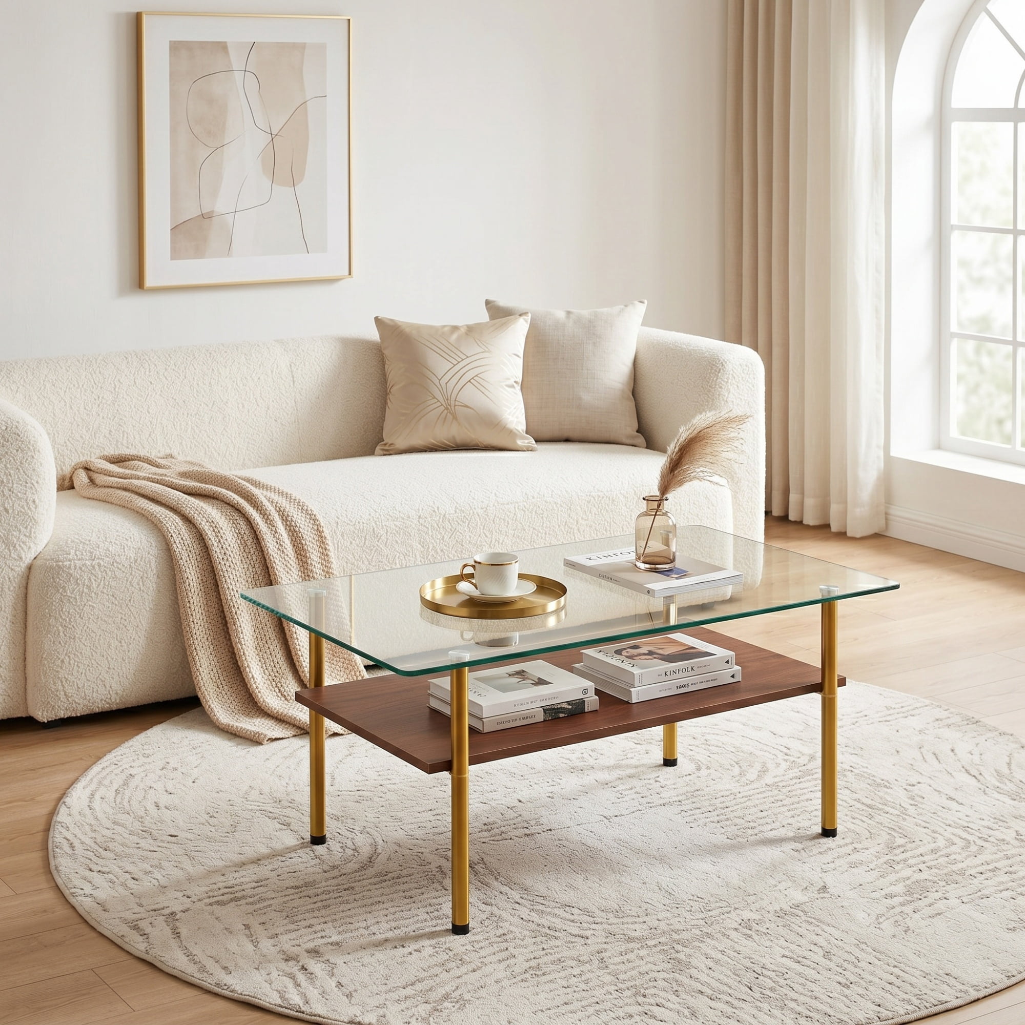 Modern Rectangular Glass Coffee Table with Tempered Glass Top and Wood Shelf, 38.6-Inch Center Table for Living Room, Gold