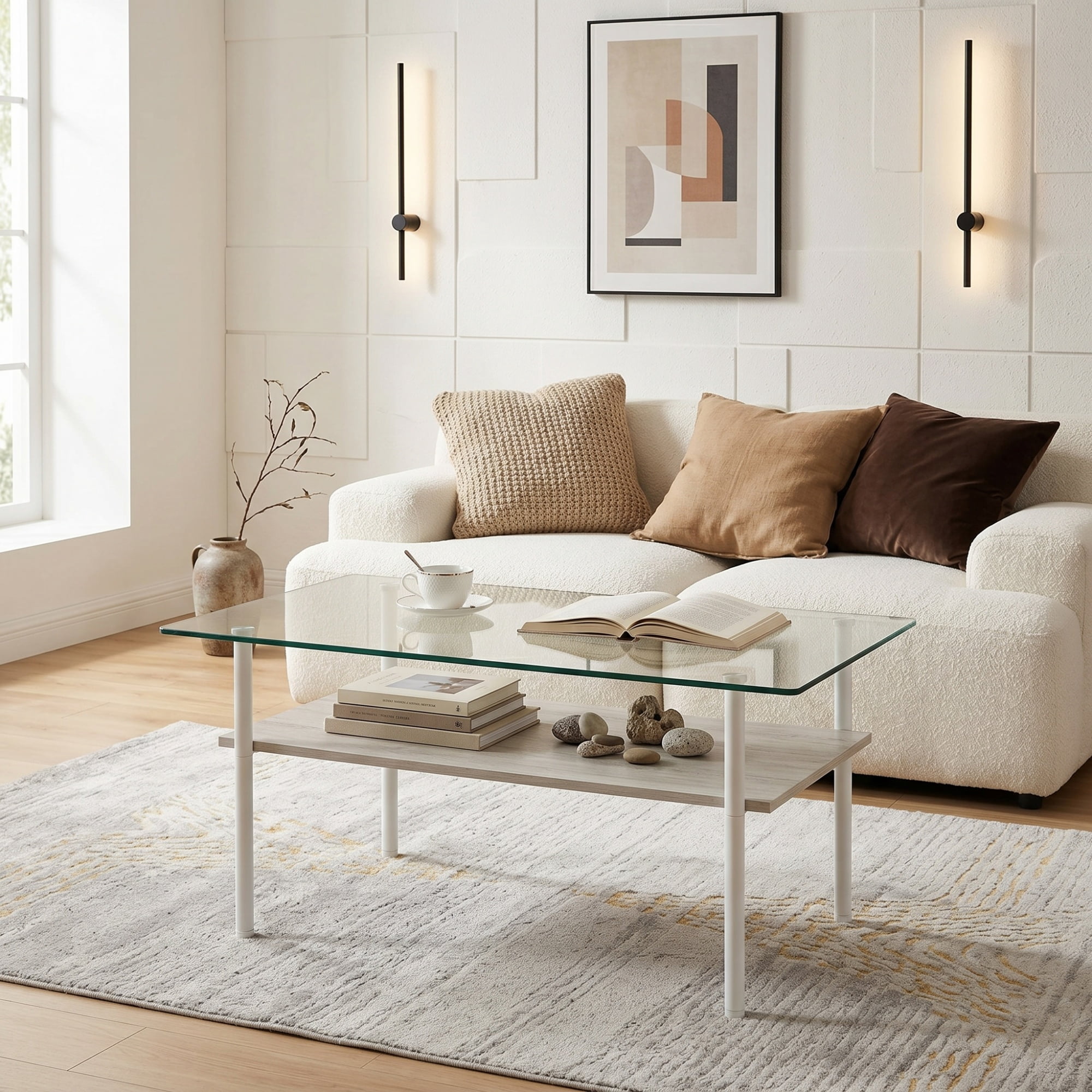 Modern Rectangular Glass Coffee Table with Tempered Glass Top and Wood Shelf, 38.6-Inch Center Table for Living Room, Transparent and White