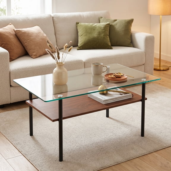 Modern Rectangular Glass Coffee Table with Tempered Glass Top and Wood Shelf, 38.6-Inch Center Table for Living Room, Transparent