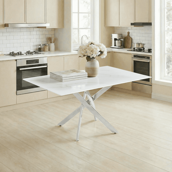 Modern Rectangular Glass Dining Table 59.06 inches Of Granite With a Metal, Modern Style, for Kitchen