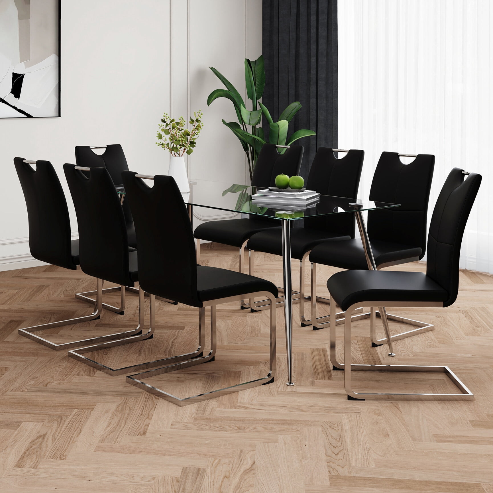 Modern Rectangular Glass Dining Table Set with black PU Chairs ...