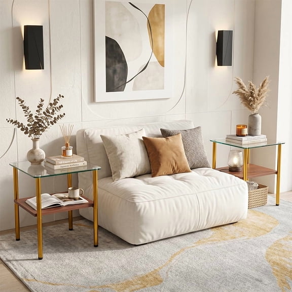 Modern Rectangular Glass Side Table, Living Room and Bedroom, Tempered Glass and MDF, Clear (Set of 2)