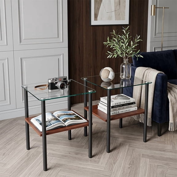 Modern Rectangular Glass Side Table, Tempered Glass and MDF, Living Room and Bedroom, Set of 2