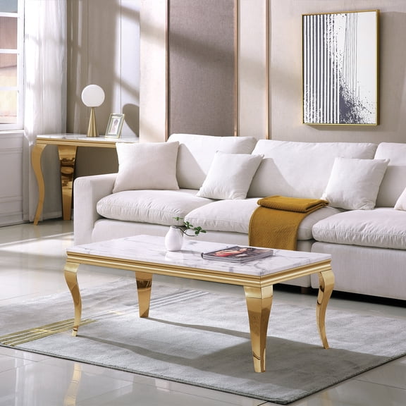 Modern Rectangular Marble Coffee Table, 46.85" Faux Marble Top with Gold Mirrored Stainless Steel S-Shaped Legs, for Living Room, Lounge Area