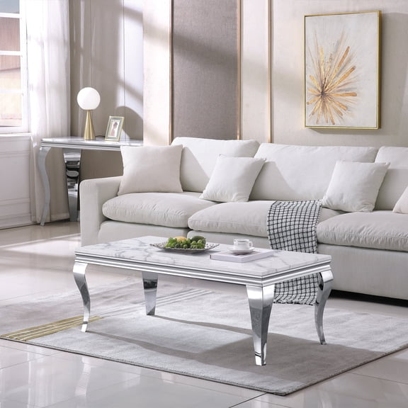 Modern Rectangular Marble Coffee Table, 46.85" Faux Marble Top with Silver Mirrored Stainless Steel S-Shaped Legs, for Living Room, Lounge Area