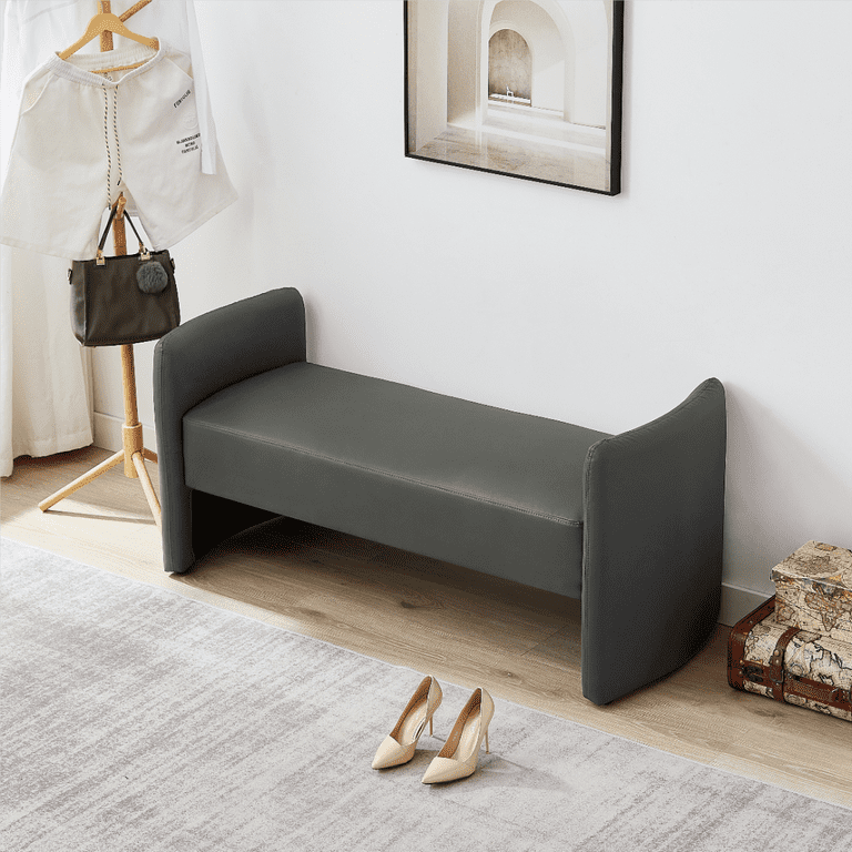 Modern Rectangular Ottoman with Armrest Cat Claw Cloth Bedroom Casual Sofa Footstool Eucalyptus Wood Material Bench Dark Grey