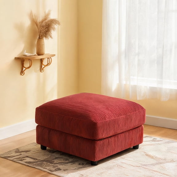 Modern Rectangular Ottoman with Rich Red Corduroy Upholstery and Easy Assembly
