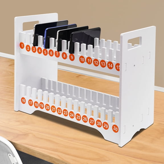 Modern Rectangular Portable 30-Grid Wooden Cell Phone Holder Desktop Organizer Storage Box Total Load Bearing Capacity 33lbs 19.6*8.6*14.2in for Homes, Offices, Schools, Gyms