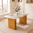 thumbnail image 1 of Modern Rectangular Tempered Glass Dining Table, Marble-Patterned Design with Black Dual-Pedestal Metal Base, Ideal for Dining Room & Home Office, 1 of 11