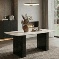 thumbnail image 1 of Modern Rectangular Tempered Glass Dining Table, Marble-Patterned Design with Gold Dual-Pedestal Metal Base, Ideal for Dining Room & Home Office, 1 of 11