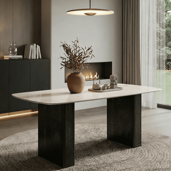 Modern Rectangular Tempered Glass Dining Table, Marble-Patterned Design with Gold Dual-Pedestal Metal Base, Ideal for Dining Room & Home Office