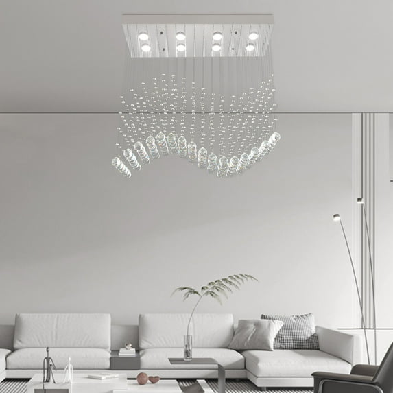 Modern Rectangular Wave Raindrop Crystal Chandelier Dining Room Pendant Light