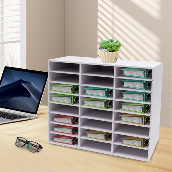 Modern Rectangular White 24 Compartment Literature Organizer Form File Sorter Office Paper Storage Holder