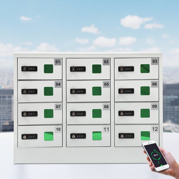 Modern Rectangular White Cellphone Locker 12 Slots Charging Station Combination Lock For Storage