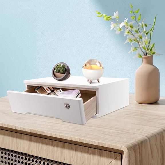 Modern Rectangular White Desktop Storage Box with Lockable Drawer Office Supplies Drawer Organizer