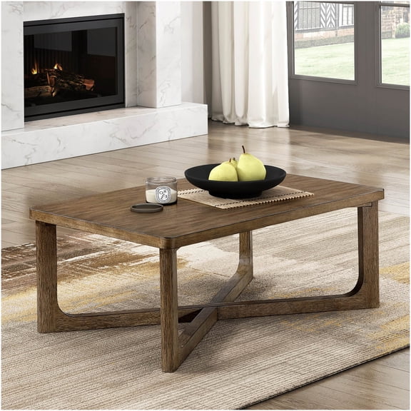 Modern Rectangular Wood Coffee Table with X-Base, Light Brown Finish for Living Room