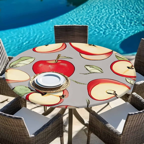 Modern Red Apples on Grey Round Fitted Tablecloth with Elastic Edge,Waterproof Table Cloth Fits Tables Up to 45"-54",Wipeable Table Cover for Indoor Outdoor Dinning Party,Farmhouse Fruit Theme