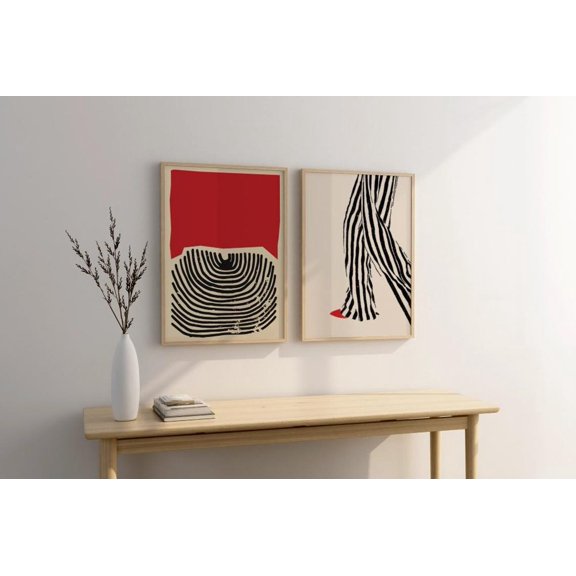 Modern Red Black Abstract Striped Pants Illustration Set 2 Stretched Canvas 12x18