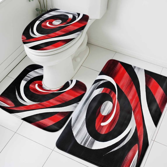 Modern Red Black Bathroom Rugs Set Abstract Retro Non Slip Absorbent Soft Bath Mats 3 Piece Set with Bathroom Rug, U-Shaped Floor Mat, Toilet Seat Cover Small Size