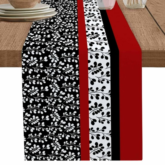 Modern Red Black Flower Table Runner-70 Inch Long Abstract Floral Stripes Table Runners Linen Burlap Tablerunner for Kitchen Dining Room Holiday Party