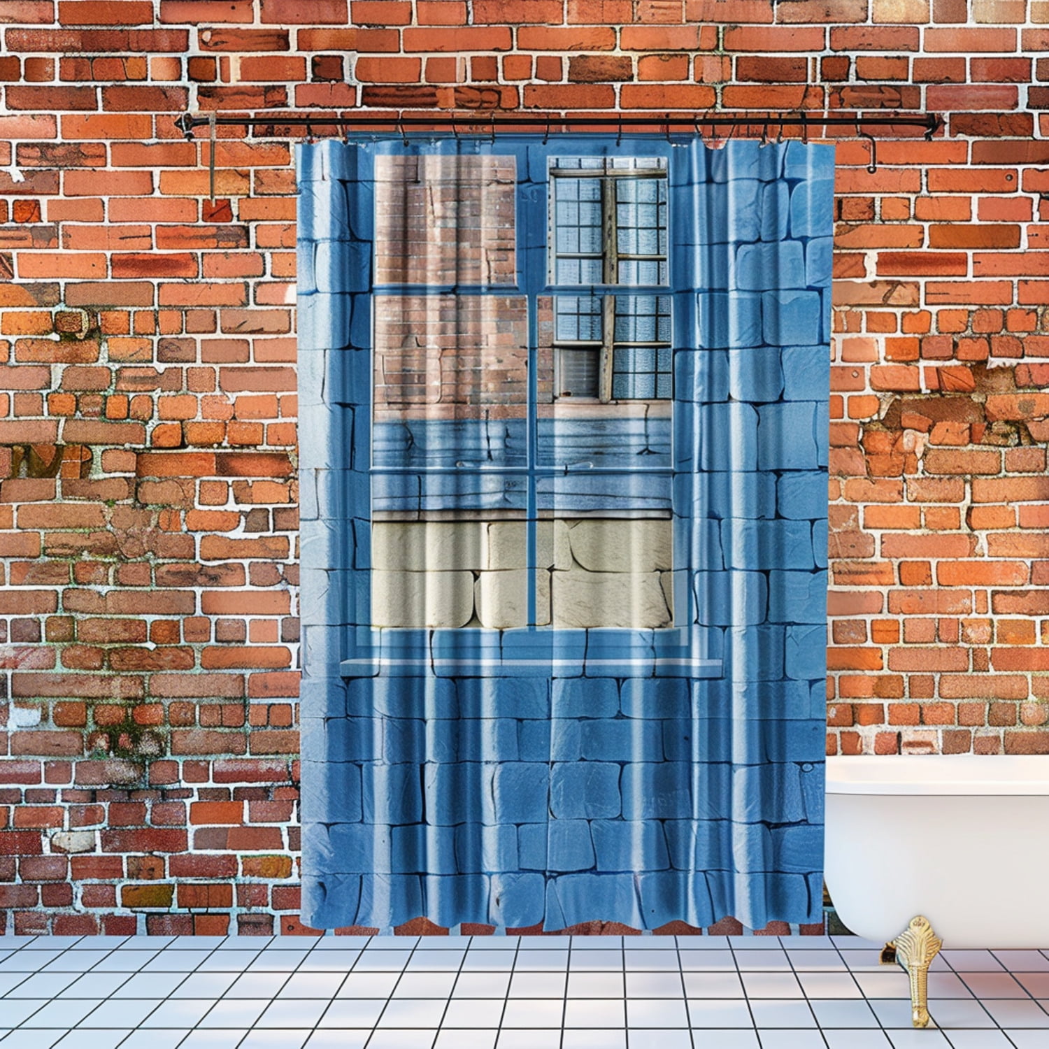 Modern Red Brick Wall Shower Curtain with Blue Windows and White Tiles Hyper Realistic Bathroom