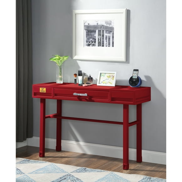 Modern Red Desk With Knee Space And Drawer - Metal Frame & Functional Industrial Design Cargo Manual Close Feature
