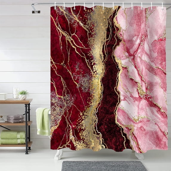 Modern Red Gold Marbling Shower Curtain, Abstract Marble Texture Shower Curtain Set with Hooks, Spring Summer Waterproof Fabric Shower Curtains for Bathroom Decor, 36x72 Inch Bath Curtain
