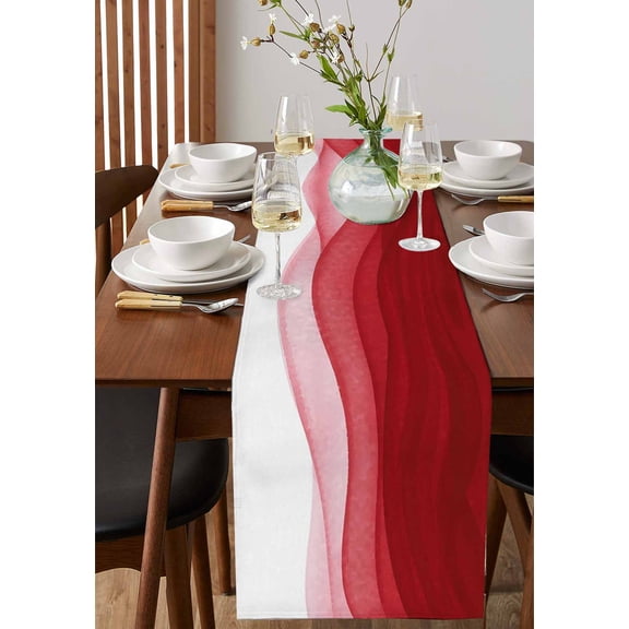 Modern Red Gradient Stripe Table Runner 13x70in Non-Slip Cotton Linen Table Runners, Ocean Wave Ombre Theme Dresser Scarves TableRunner for Dinner Kitchen Dining Wedding Party