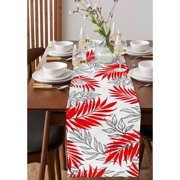Modern Red Leaves Table Runner 13x72in Non-Slip Cotton Linen Table Runners, Retro Geometric Lines Dresser Scarves TableRunner for Dinner Kitchen Dining Wedding Party