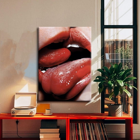 Modern Red Lips Wall Art Mouth and Tongue Close Up, Stretched Canvas