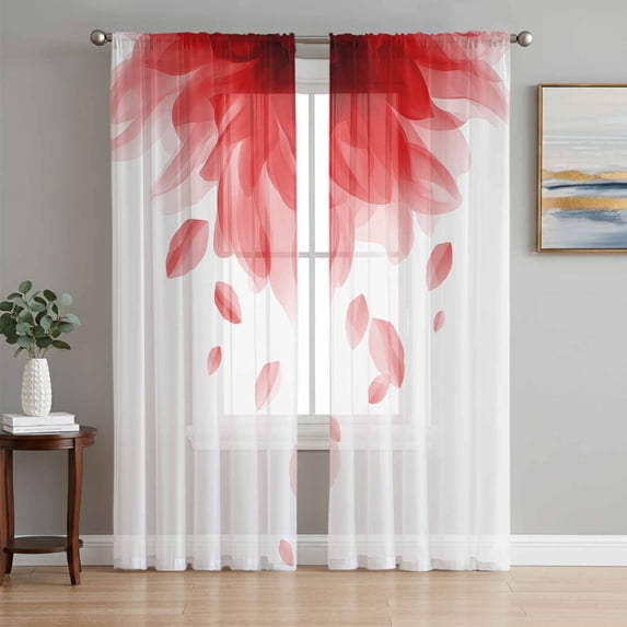 Modern Red Sheer Curtains 96 Inch Length 2 Panels Set, Gradient Floral Abstract Bohemian White Voile Window Treatment Semi Sheer Long Curtains Drapes for Bedroom/Living Room/Kitchen 52"x96"x2