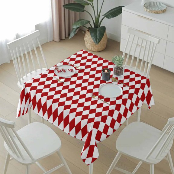Modern Red White Diamonds Plaid Table Cloth 54x54in, Waterproof Square Tablecloth Wipeable Tablecloths Minimalist Geometric Style Table Covers for Dining Tables Party Indoor Outdoor