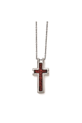 Modern Red and Silver Cross Pendant Necklace with Textured Enamel and Polished Steel Chain for Spiritual Style and Contemporary Symbolic Design