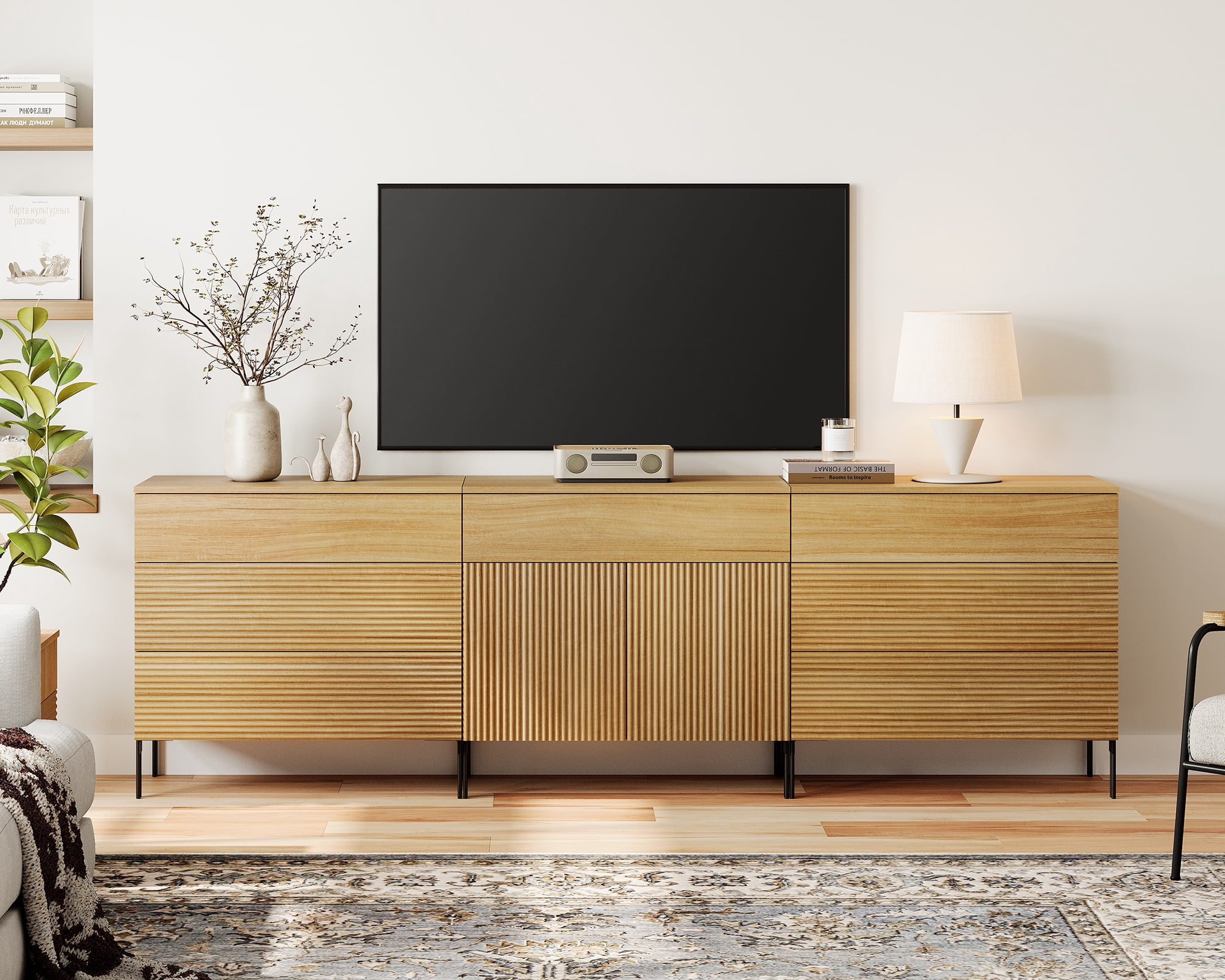 Modern Reeded Dresser TV Stand for TVs up to 100 Inch, Entertainment Center with Drawers, Wooden TV Console with Storage for Living Room
