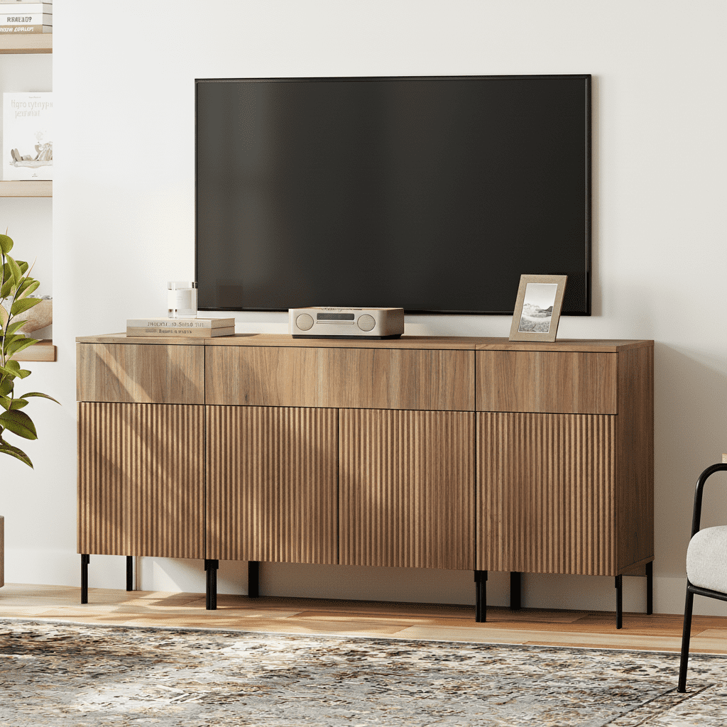 Modern Reeded Dresser TV Stand for TVs up to 75 Inch, Entertainment Center with Charging Station, Wooden TV Console with Storage for Living Room