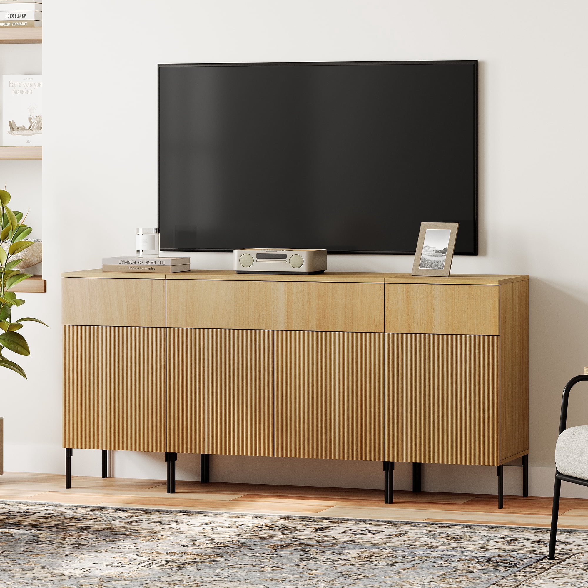 Modern Reeded Dresser TV Stand for TVs up to 75 Inch, Entertainment Center with Charging Station, Wooden TV Console with Storage for Living Room