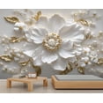 thumbnail image 1 of Modern Relief White Flowers Wall Mural, Luxury Golden Leaves Wallpaper, Stereo White Pearls Custom Photo Wallpaper Wall Decals For Bedroom Living Room 158"W x 110"H (Not Peel and Stick), 1 of 6