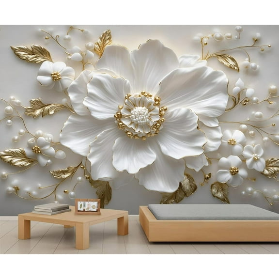 Modern Relief White Flowers Wall Mural, Luxury Golden Leaves Wallpaper, Stereo White Pearls Custom Photo Wallpaper Wall Decals For Bedroom Living Room 79"W x 55"H (Not Peel and Stick)