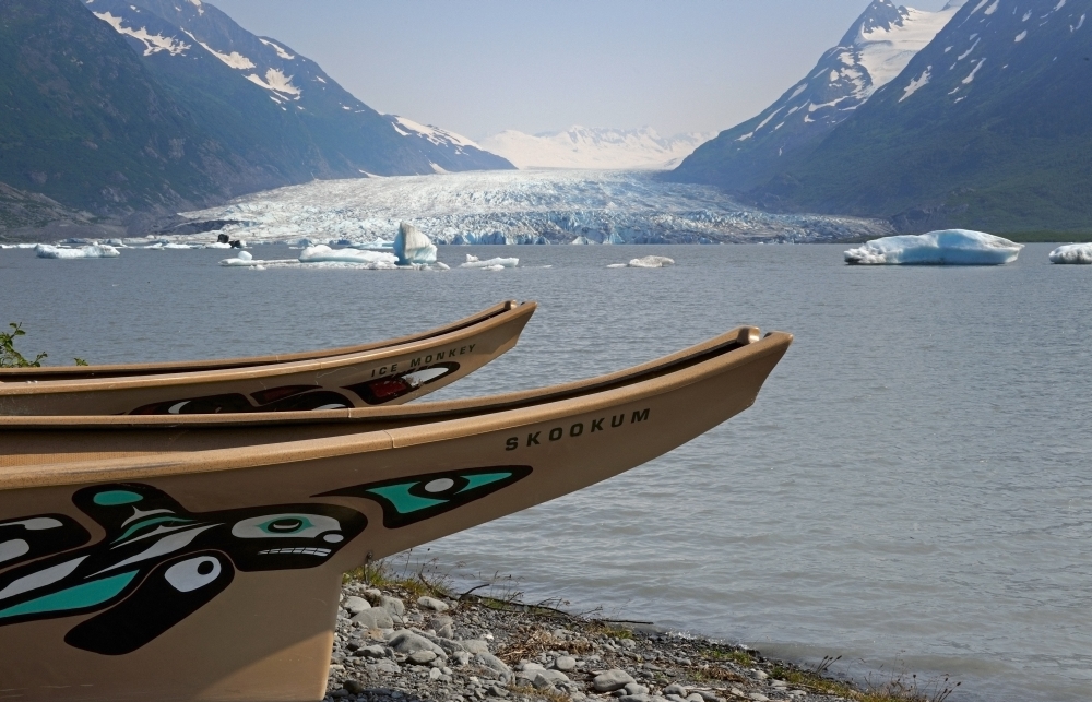 Modern Replicas Of Two Tlingit War Canoes In Front Of The Lake Formed By The Spencer Glacier Chugach National Forest Southcentral Alaska Canvas Art - Ed Bennett Design Pics (17 x 11)
