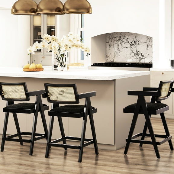 Modern Resin Webbing Back Bar Stools With Arms, Of 3. Ebony Black Boucle Upholstery, Mid-back Comfort, Resin, Protected Footrest Ergonomic Arms And Footrest, 3